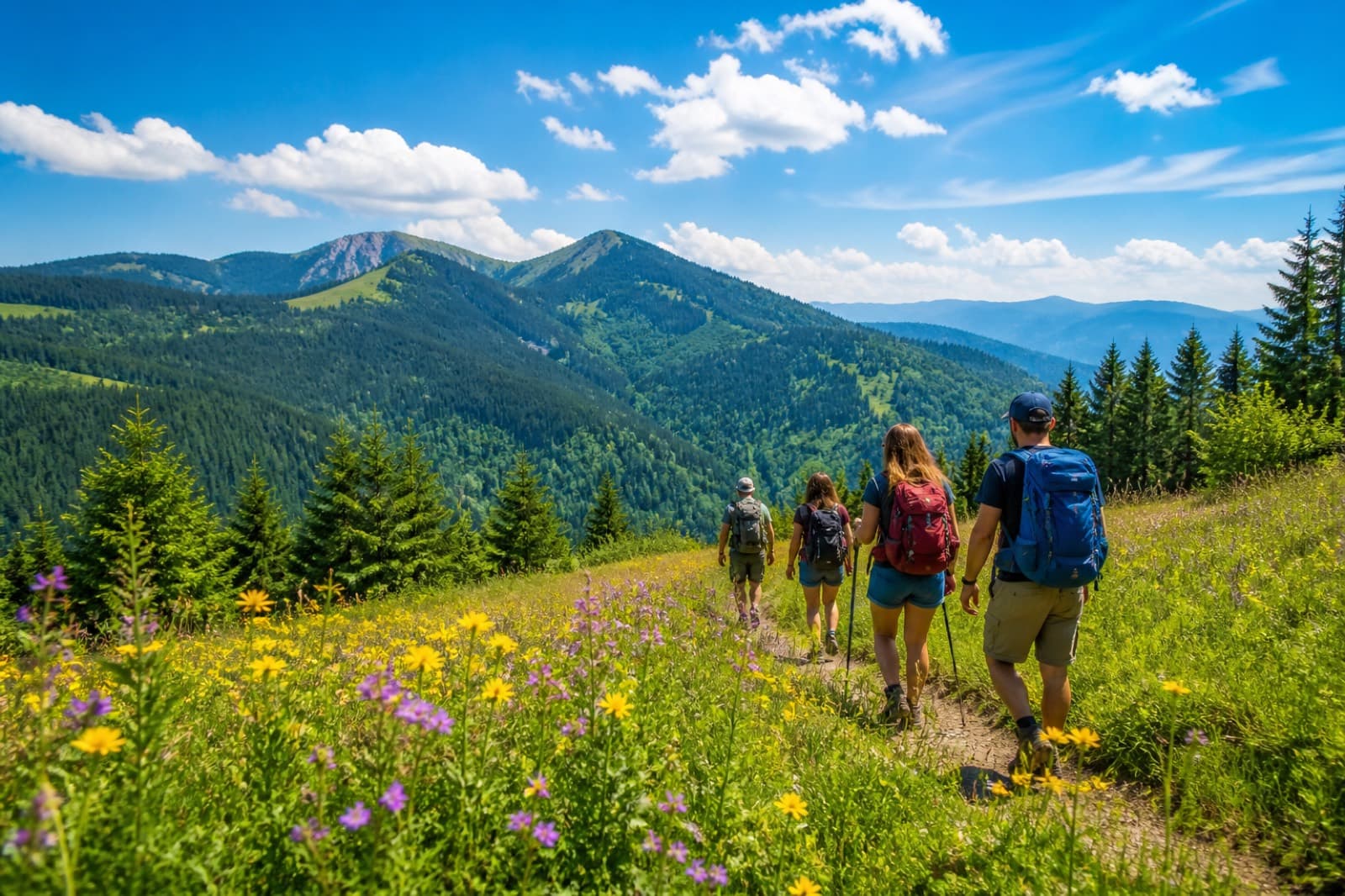 Friends hiking a mountain trail together